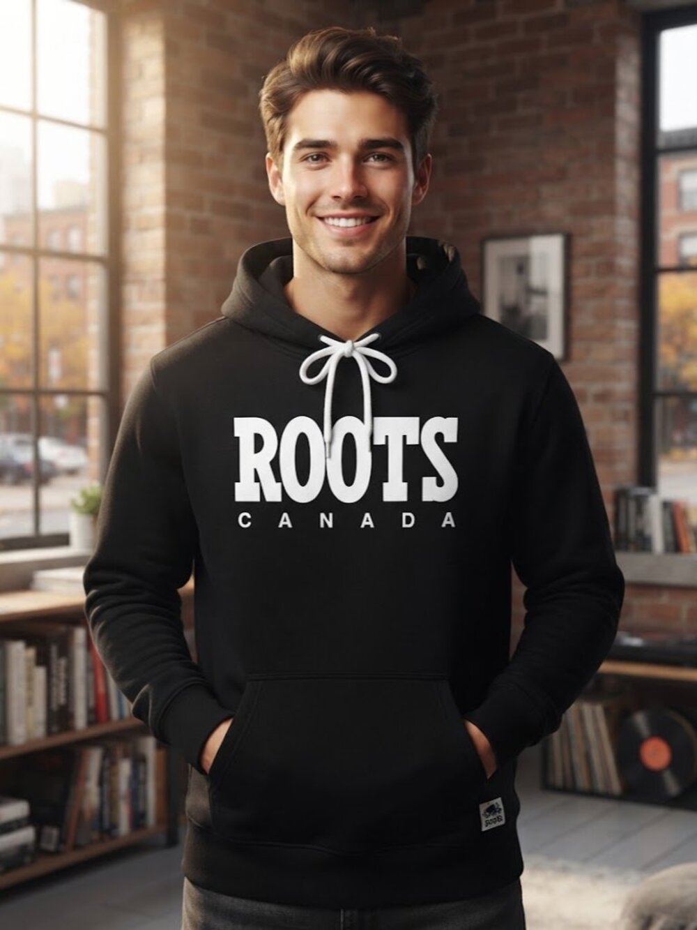 Roots Canada Spellout Logo Pullover Hoodie Black Mens XL CA05017 Fleece